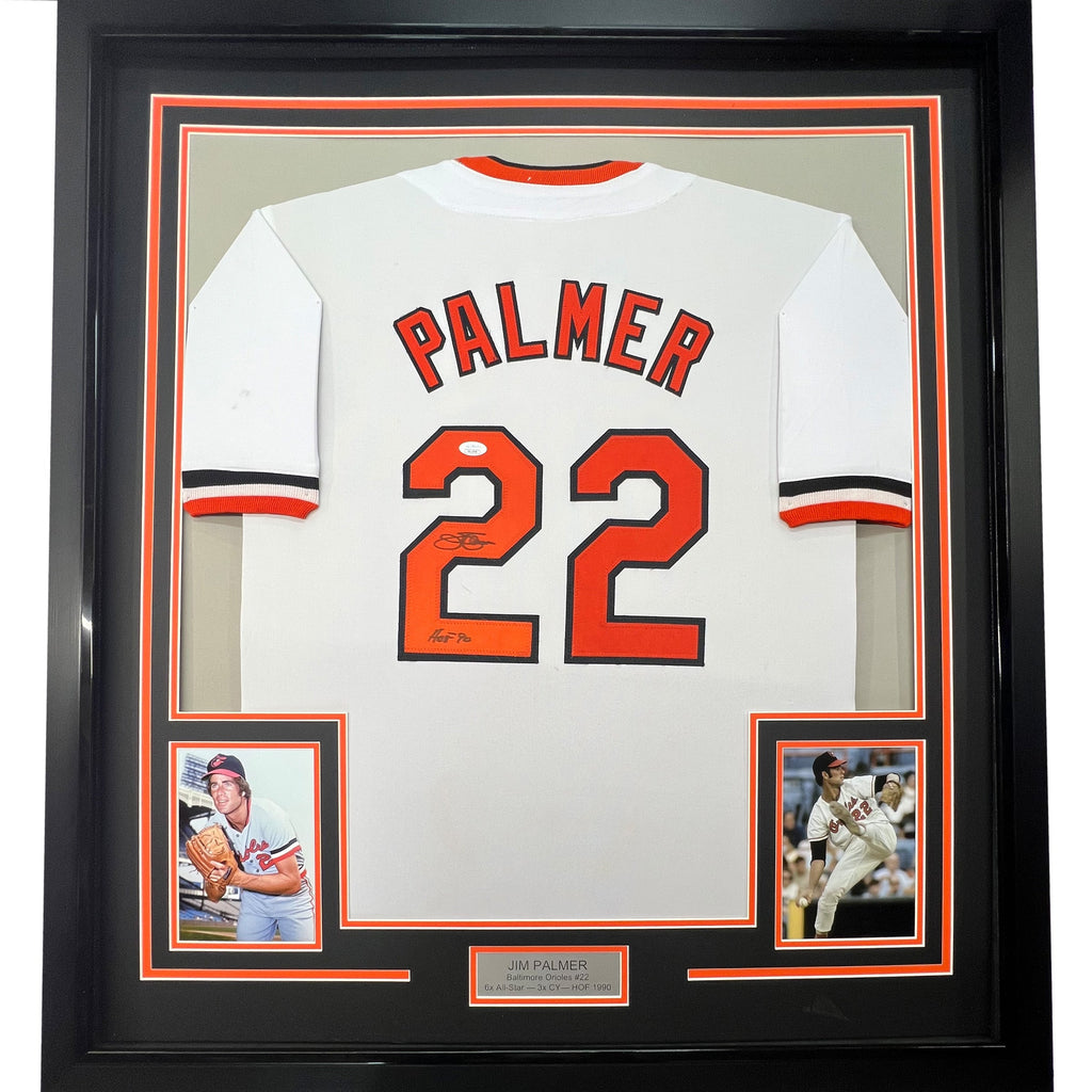 Framed Autographed/Signed Jim Palmer HOF 1990 35x39 Baltimore White Baseball Jersey JSA COA
