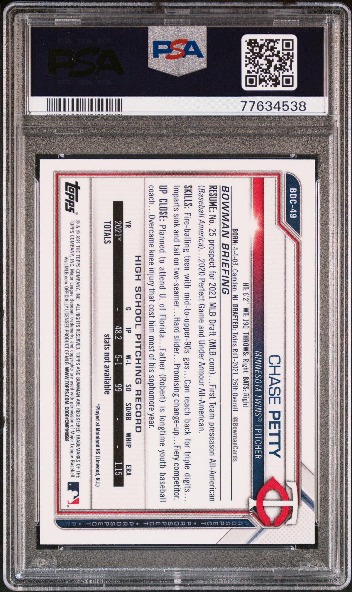 Graded 2021 Topps Bowman Draft Chase Petty #BDC49 Chrome Asia Refractor Rookie RC Baseball Card PSA 10 Gem Mint