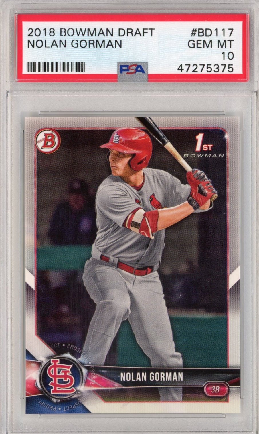 Graded 2018 Bowman Draft Nolan Gorman #BD117 Rookie RC Baseball Card PSA 10 Gem Mint