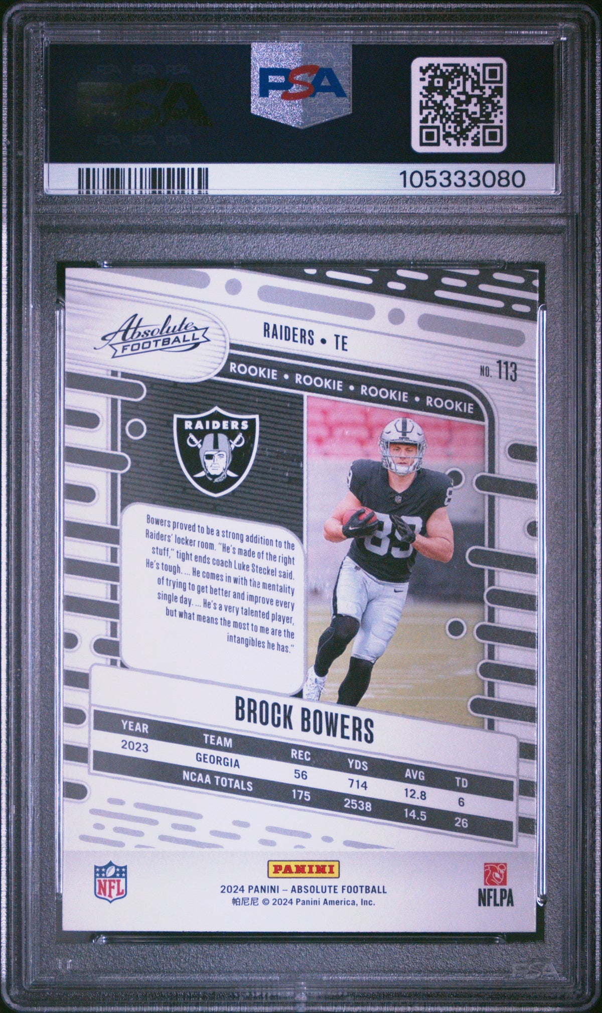 Graded 2024 Panini Absolute Brock Bowers #113 Rookie RC Football Card PSA 10 Gem Mint
