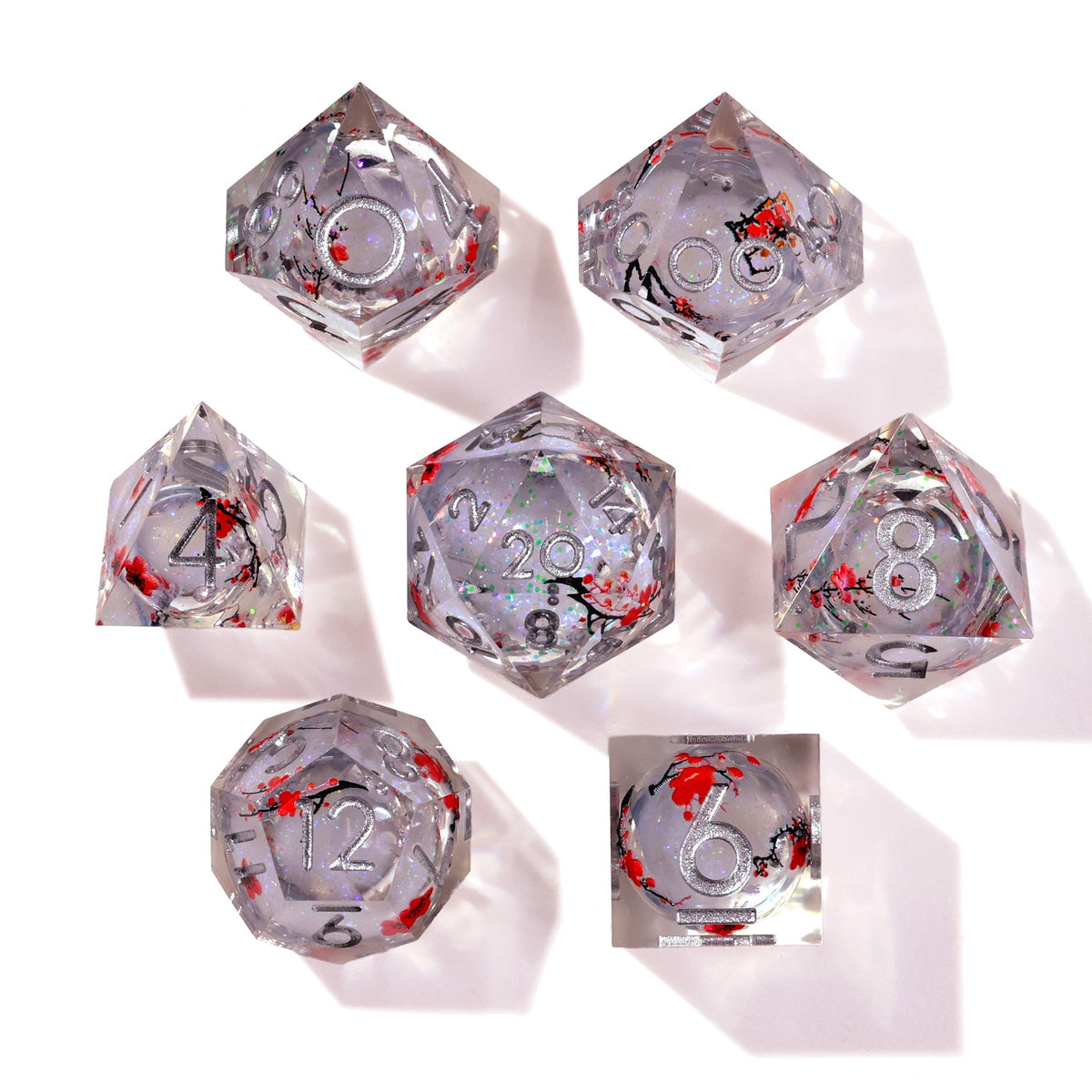 Winter Cherry Blossom Liquid Core RPG Dice Set | 7 Pieces