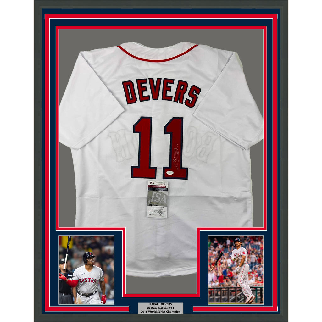 Framed Autographed/Signed Rafael Devers 35x39 Boston White Baseball Jersey JSA COA