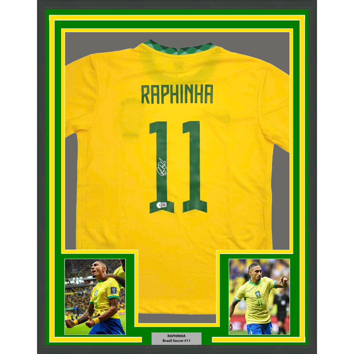 Framed Autographed/Signed Raphinha Raphael Belloli 35x39 Brazil Yellow Soccer Jersey Beckett BAS COA