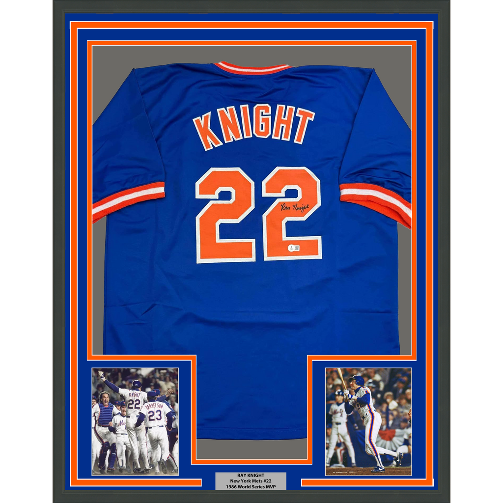 Framed Autographed/Signed Ray Knight 35x39 New York Blue Baseball Jersey Beckett BAS COA