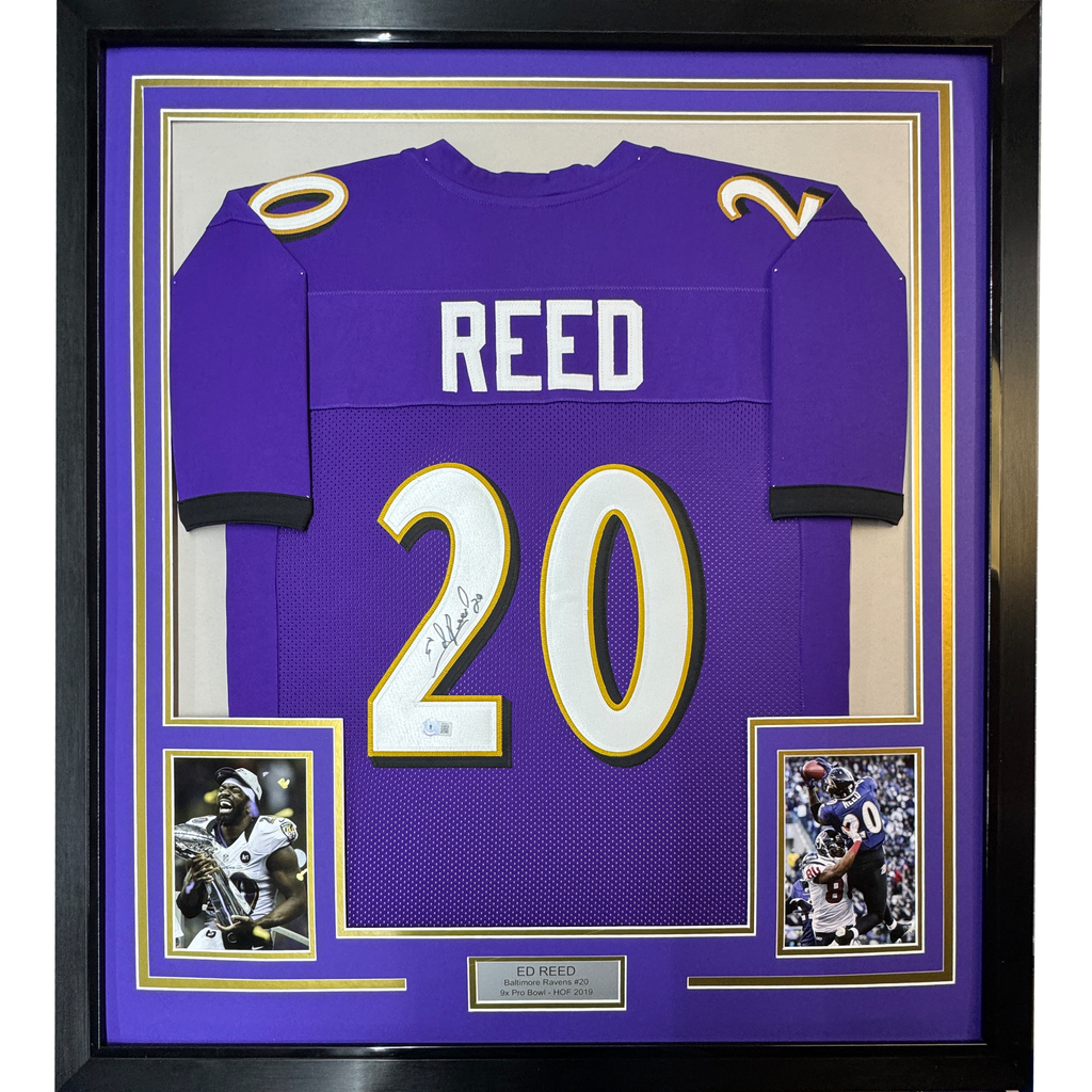 Framed Autographed/Signed Ed Reed 35x39 Baltimore Purple Football Jersey JSA COA