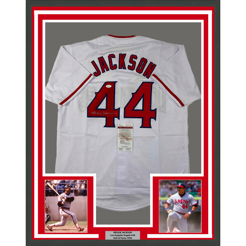 Framed Autographed/Signed Reggie Jackson 35x39 California Los Angeles White Baseball Jersey JSA COA