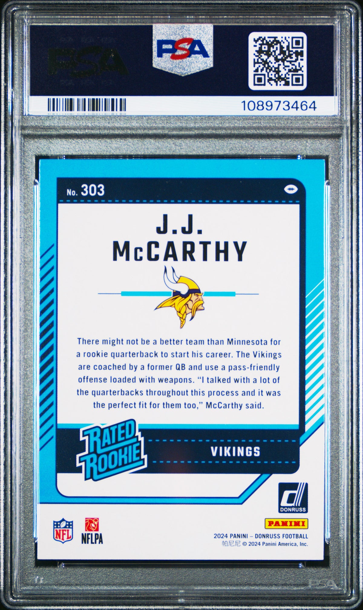 Graded 2024 Panini Donruss JJ McCarthy #303 Rookie RC Football Card PSA 9 Mint