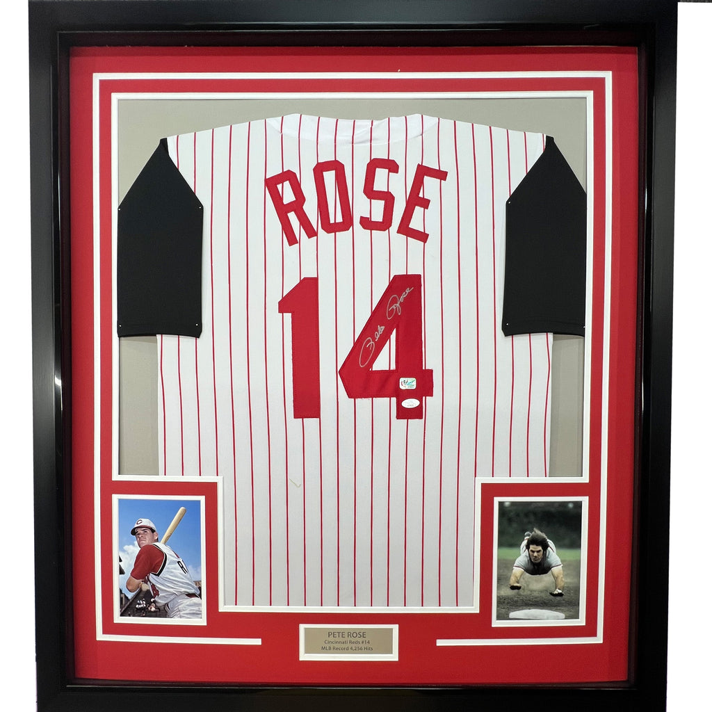 Framed Autographed/Signed Pete Rose 35x39 Cincinnati Pinstripe Baseball Jersey JSA COA