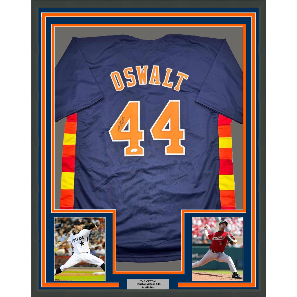 Framed Autographed/Signed Roy Oswalt 35x39 Houston Blue Baseball Jersey JSA COA