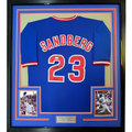 Framed Autographed/Signed Ryne Sandberg 35x39 HOF 05 Chicago Blue Baseball Jersey JSA COA