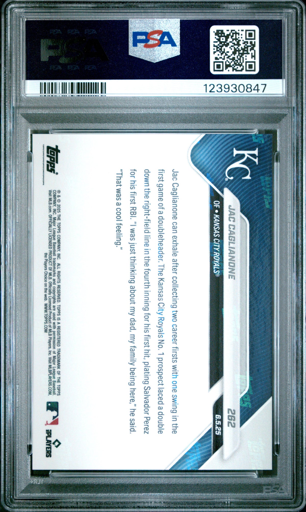 Graded 2025 Topps Now Jac Caglianone #262 Rookie RC Baseball Card PSA 9 Mint