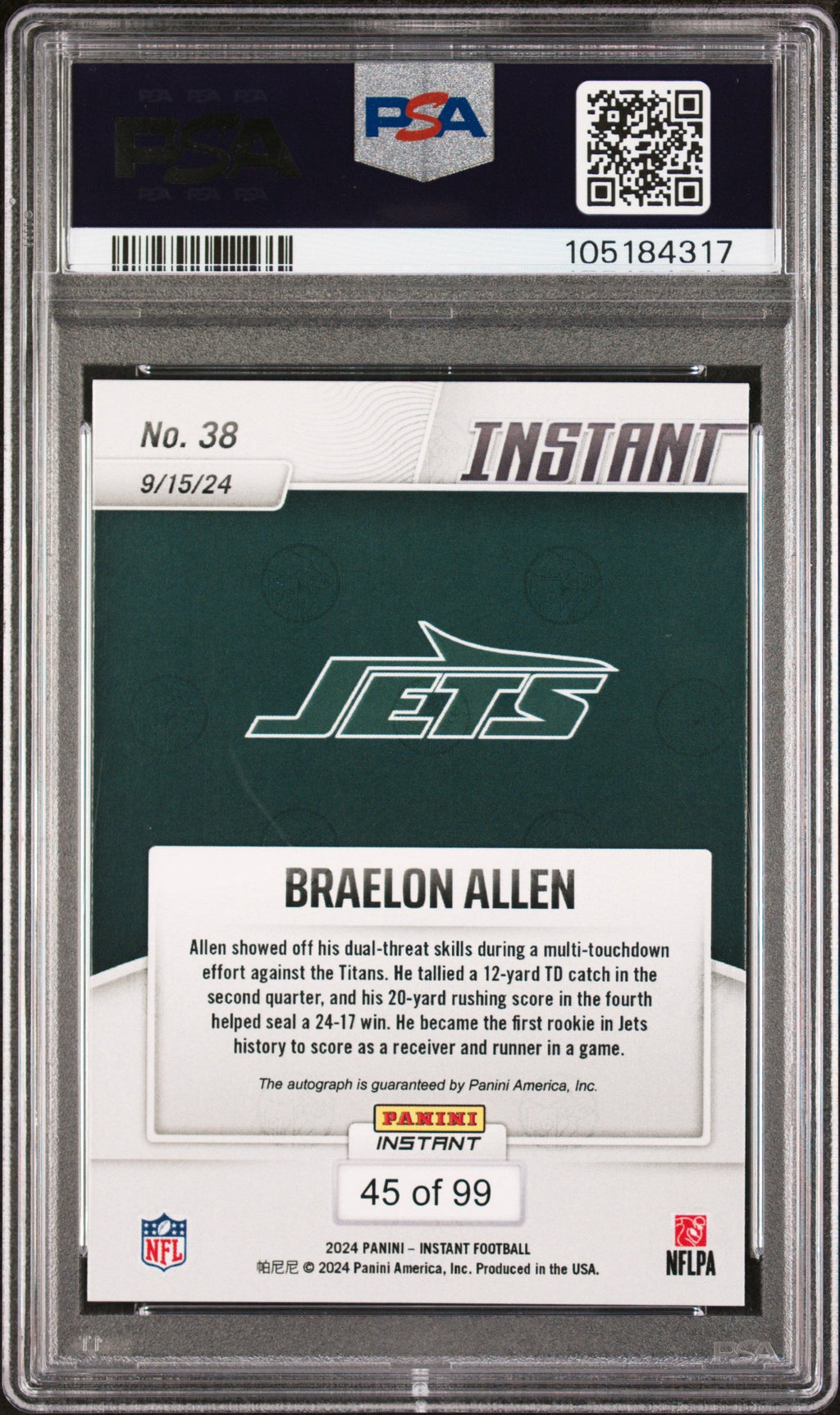 Graded 2024 Panini Instant NFL Braelon Allen #38 Autograph /99 Rookie RC Football Card PSA 9 Auto Grade Mint