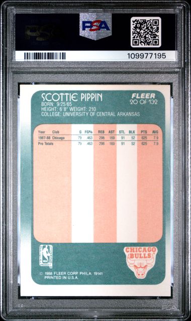 Graded 1988 Fleer Scottie Pippen #20 Rookie RC Basketball Card PSA 7 NM