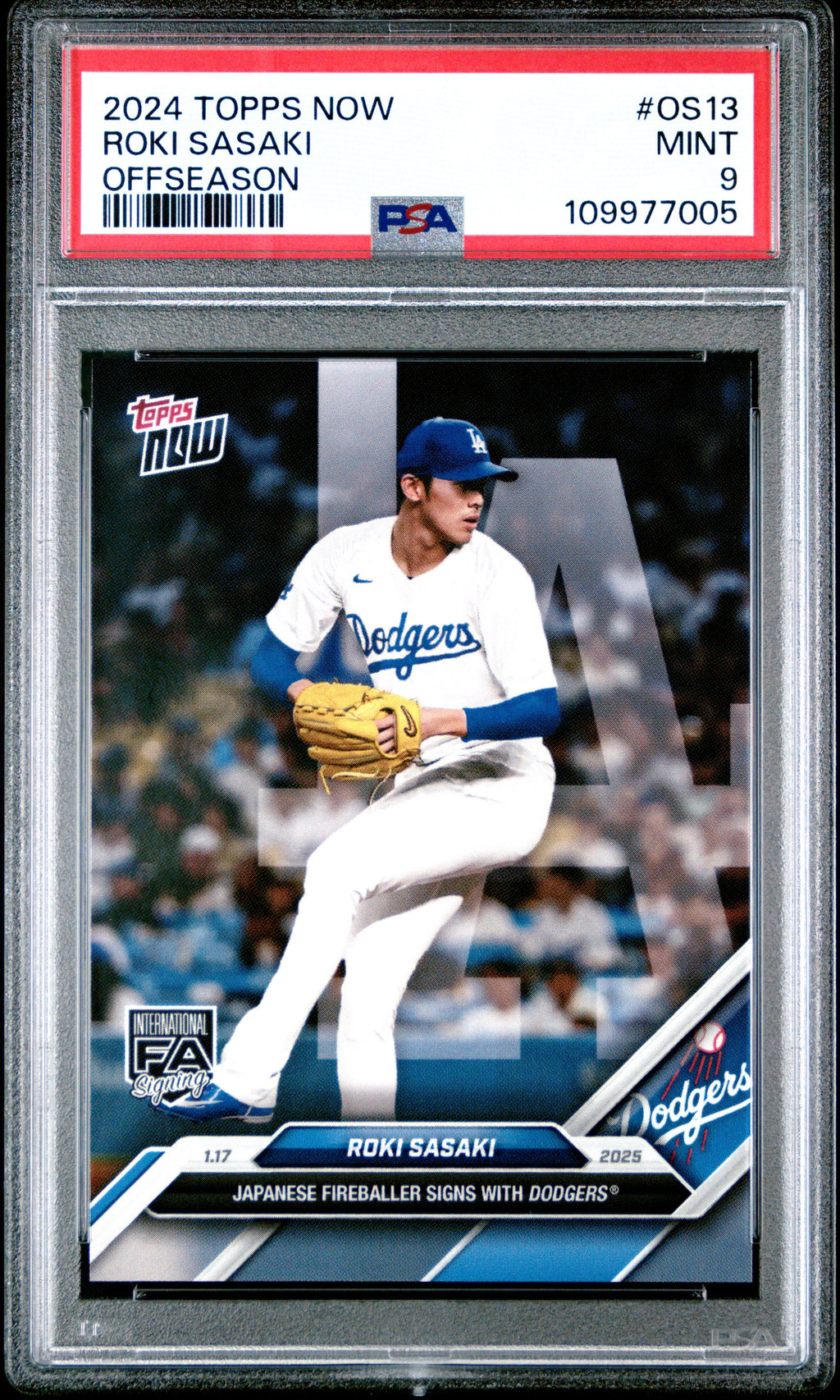 Graded 2024 Topps Now Roki Sasaki #OS13 Offseason Rookie RC Baseball Card PSA 9 Mint