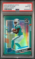 Graded 2023 Panini Donruss Optic Devon Achane #269 Green Hyper Rookie RC Football Card PSA 10 Gem Mint