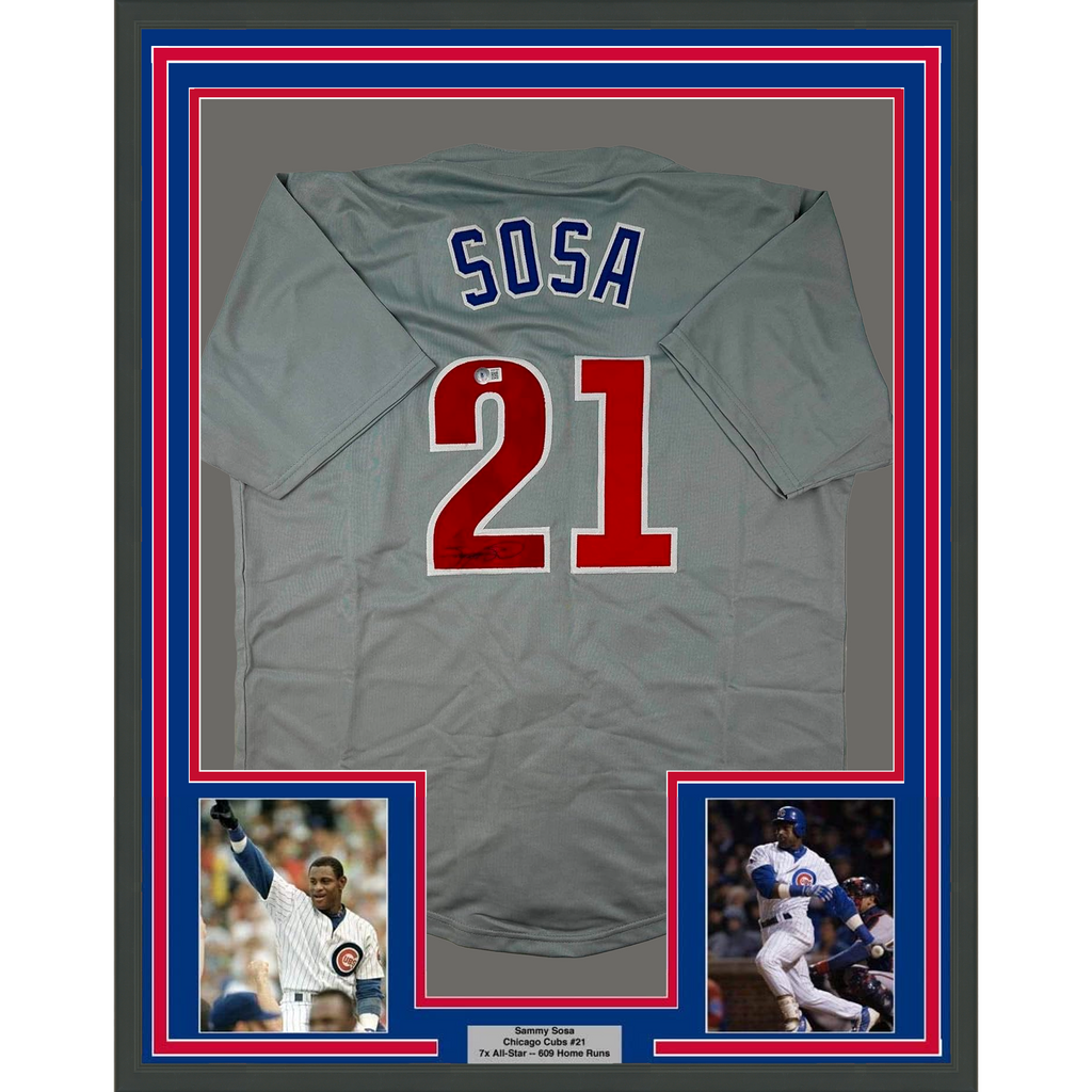 Framed Autographed/Signed Sammy Sosa 35x39 Chicago Grey Baseball Jersey Beckett BAS COA