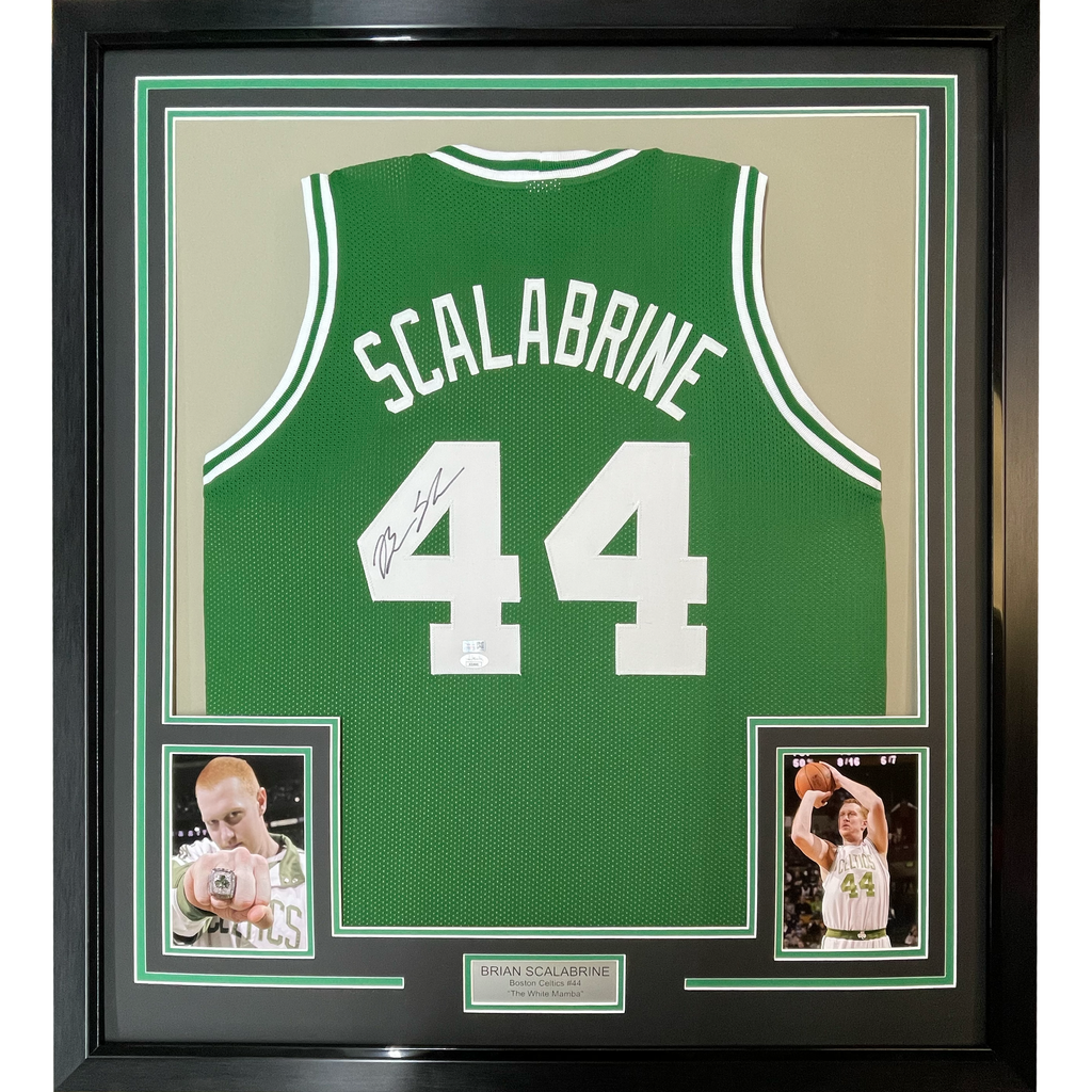 Framed Autographed/Signed Brian Scalabrine 35x39 Boston Green Basketball Jersey JSA COA