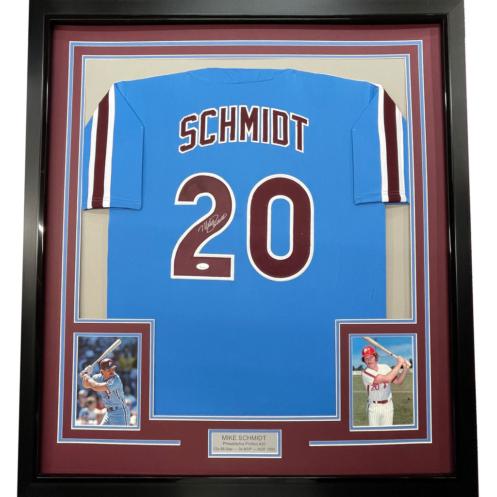 Framed Autographed/Signed Mike Schmidt 35x39 Philadelphia Retro Blue Baseball Jersey JSA COA