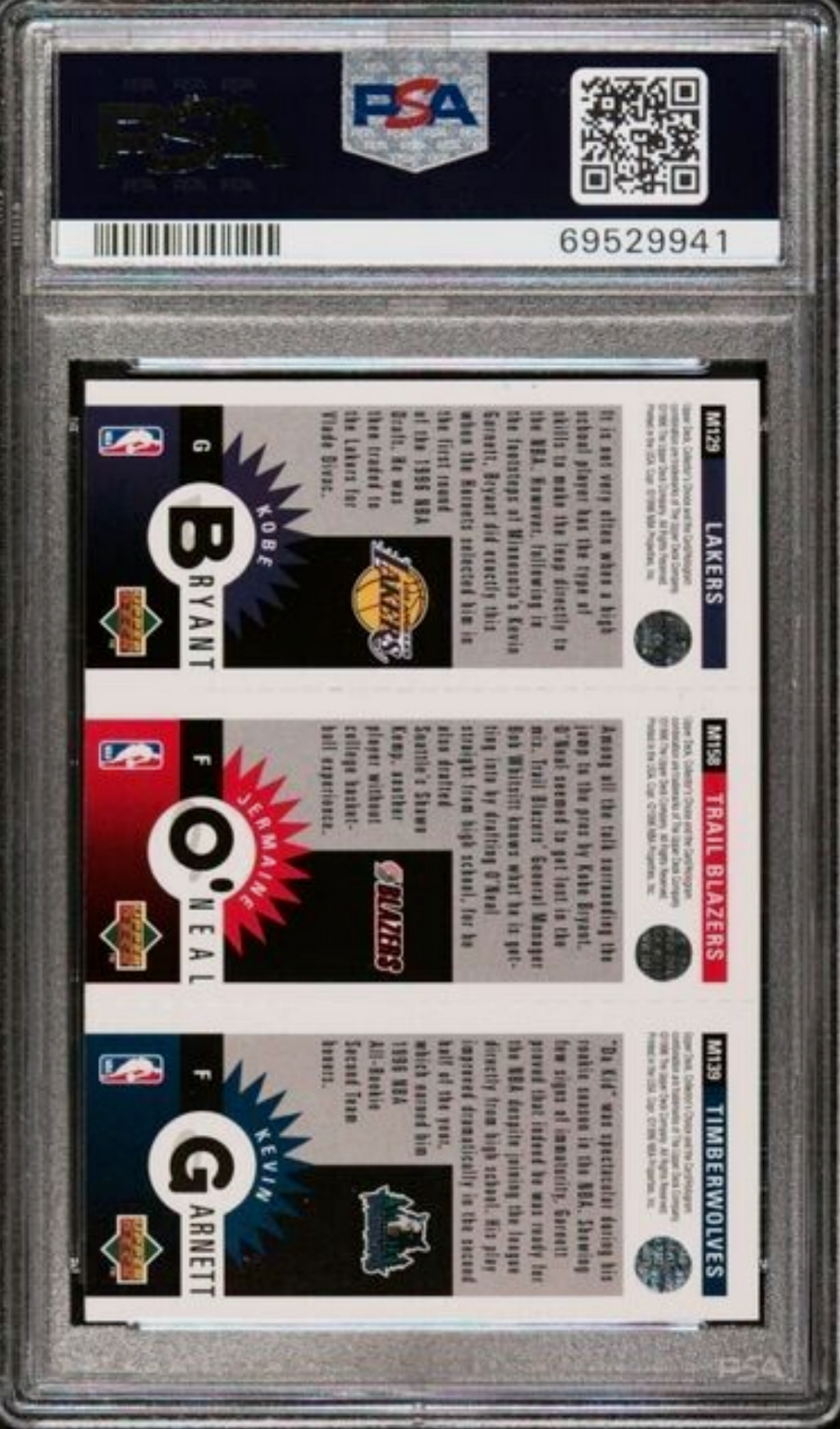 Graded 1996 Upper Deck Collectors Choice Kobe Bryant/Kevin Garnett/Jermaine O'Neal Mini Basketball Card PSA 9 Mint