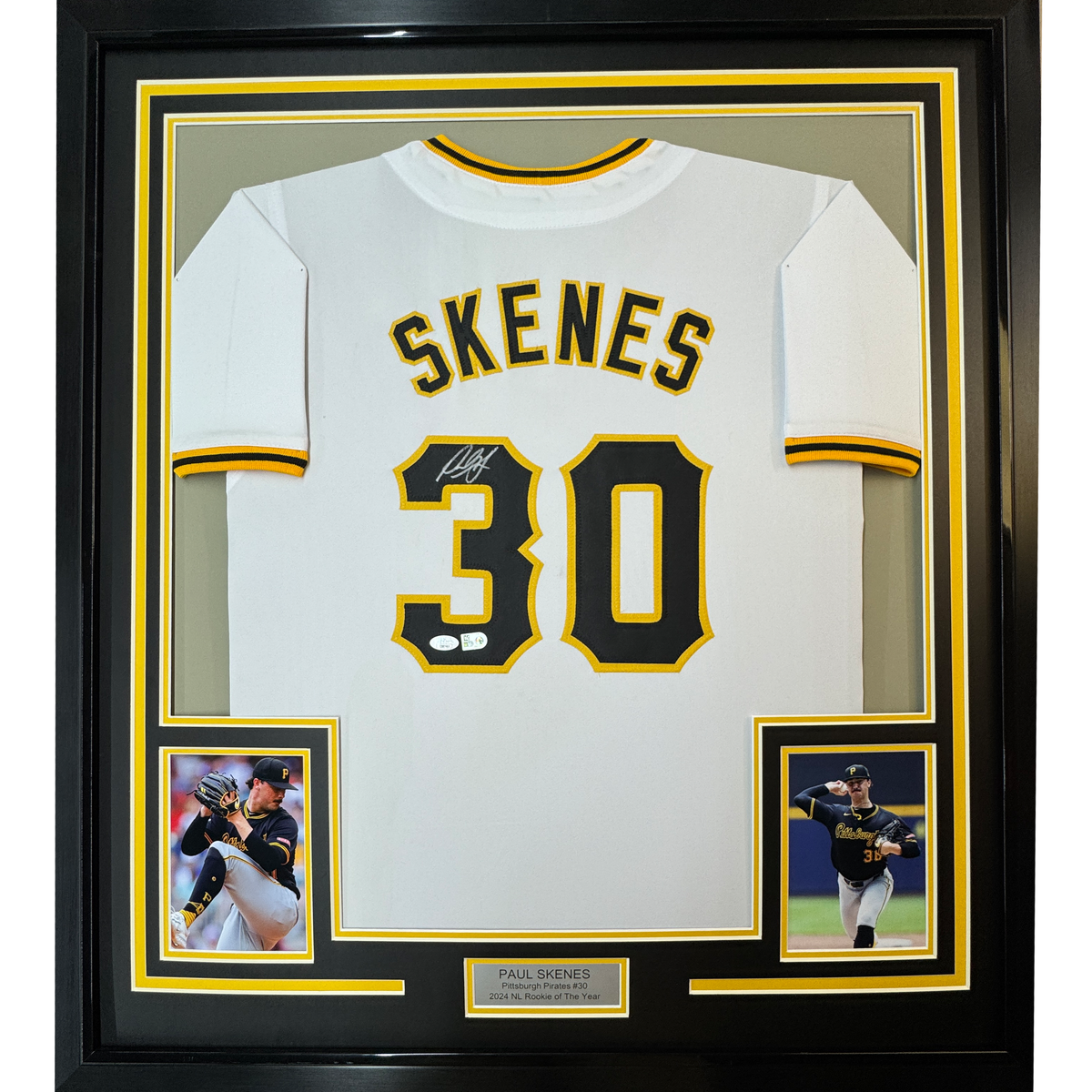 Framed Autographed/Signed Paul Skenes 35x39 Pittsburgh White Baseball Jersey JSA COA