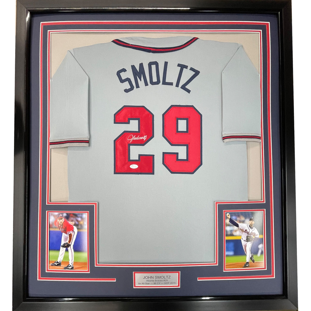 Framed Autographed/Signed John Smoltz 35x39 Atlanta Grey Baseball Jersey JSA COA