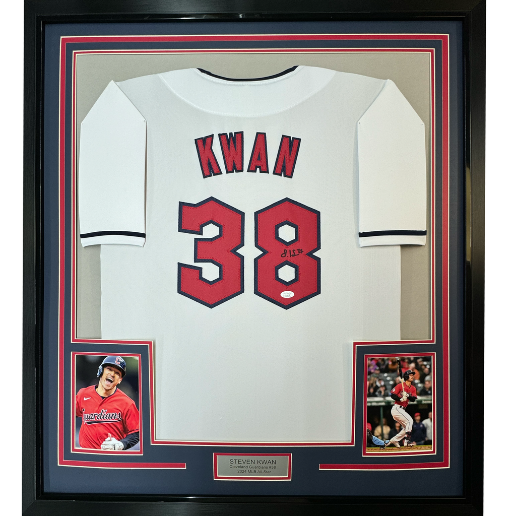 Framed Autographed/Signed Steven Kwan 35x39 Cleveland White Baseball Jersey JSA COA
