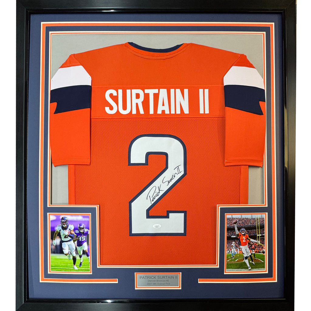 Framed Autographed/Signed Patrick Surtain II 35x39 Denver Orange Football Jersey JSA COA #2