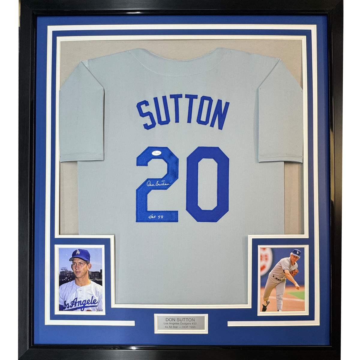Framed Autographed/Signed Don Sutton HOF 98 35x39 Los Angeles LA Grey Baseball Jersey JSA COA