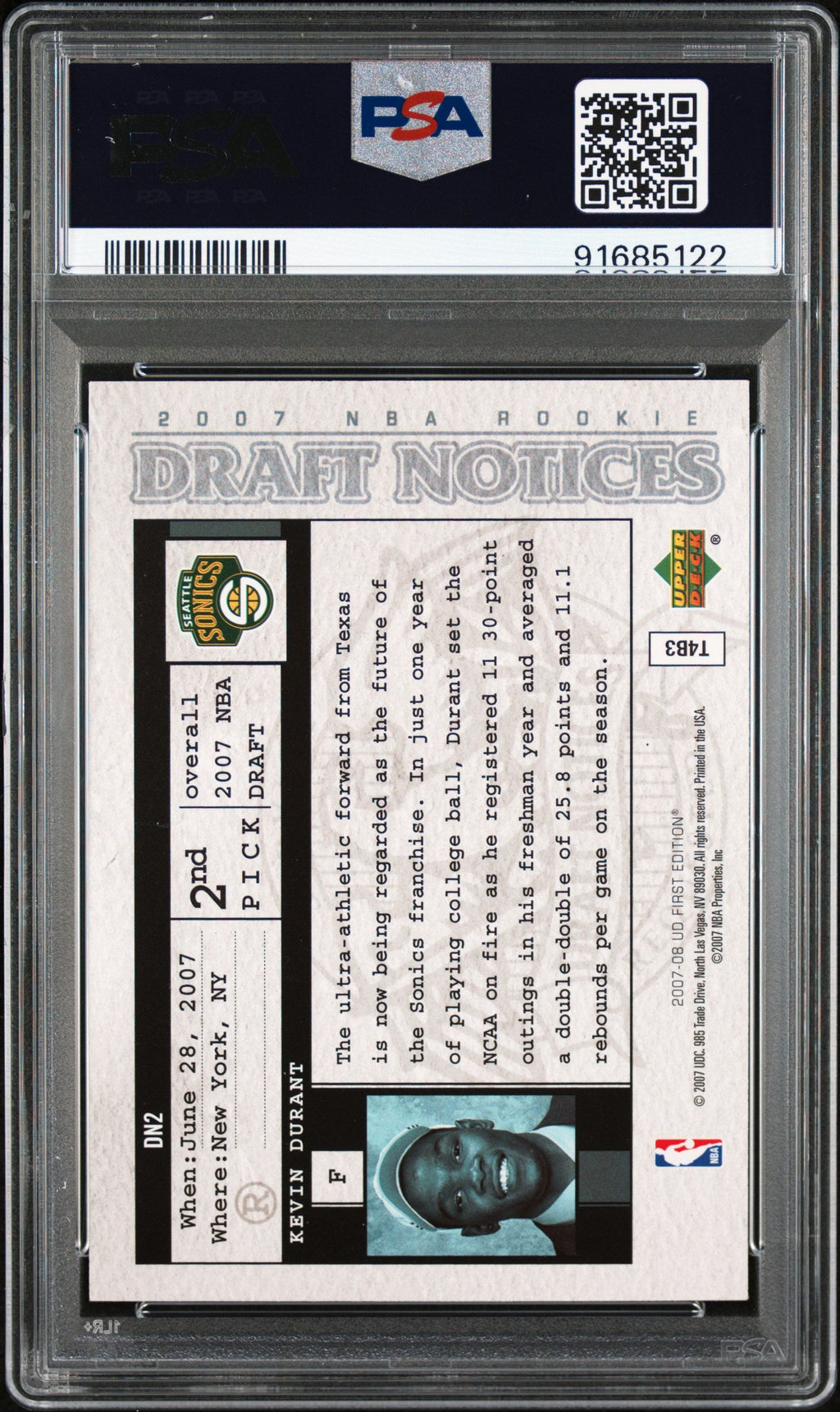 Graded 2007 Upper Deck Kevin Durant #DN2 Draft Notices Rookie RC Basketball Card PSA 10 Gem Mint