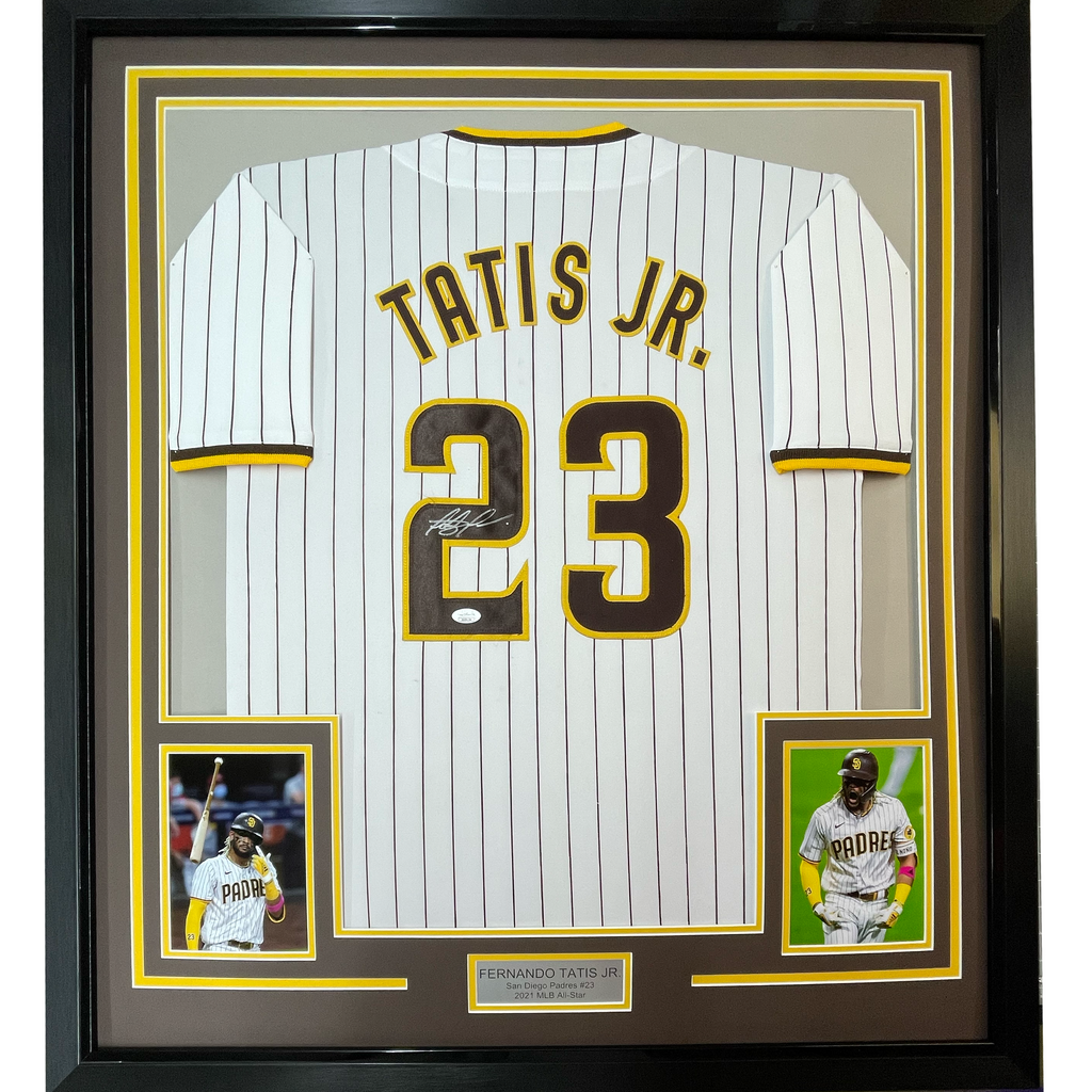Framed Autographed/Signed Fernando Tatis Jr. 35x39 San Diego Pinstripe Baseball Jersey JSA COA