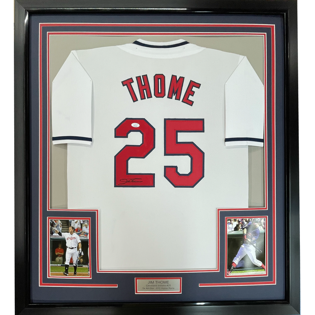 Framed Autographed/Signed Jim Thome 35x39 Cleveland White Baseball Jersey JSA COA
