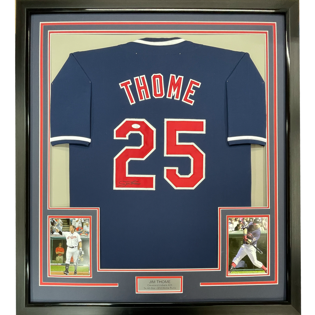 Framed Autographed/Signed Jim Thome 35x39 Cleveland Blue Baseball Jersey JSA COA