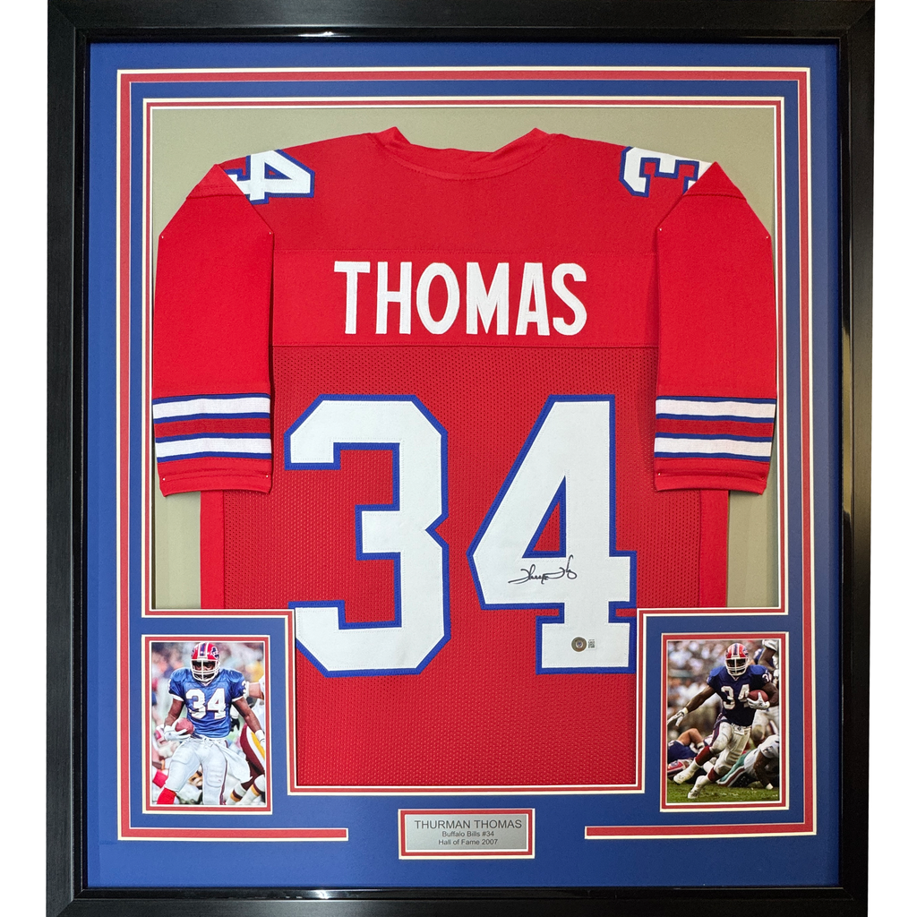 Framed Autographed/Signed Thurman Thomas 35x39 Buffalo Red Football Jersey JSA COA