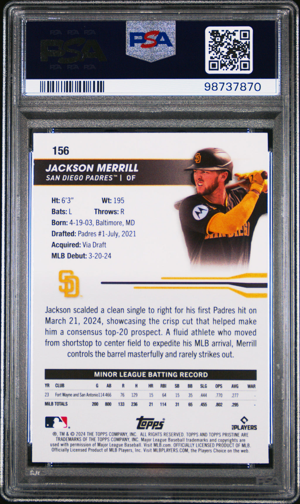 Graded 2024 Topps Pristine Jackson Merrill #156 Rookie RC Baseball Card PSA 10 Gem Mint