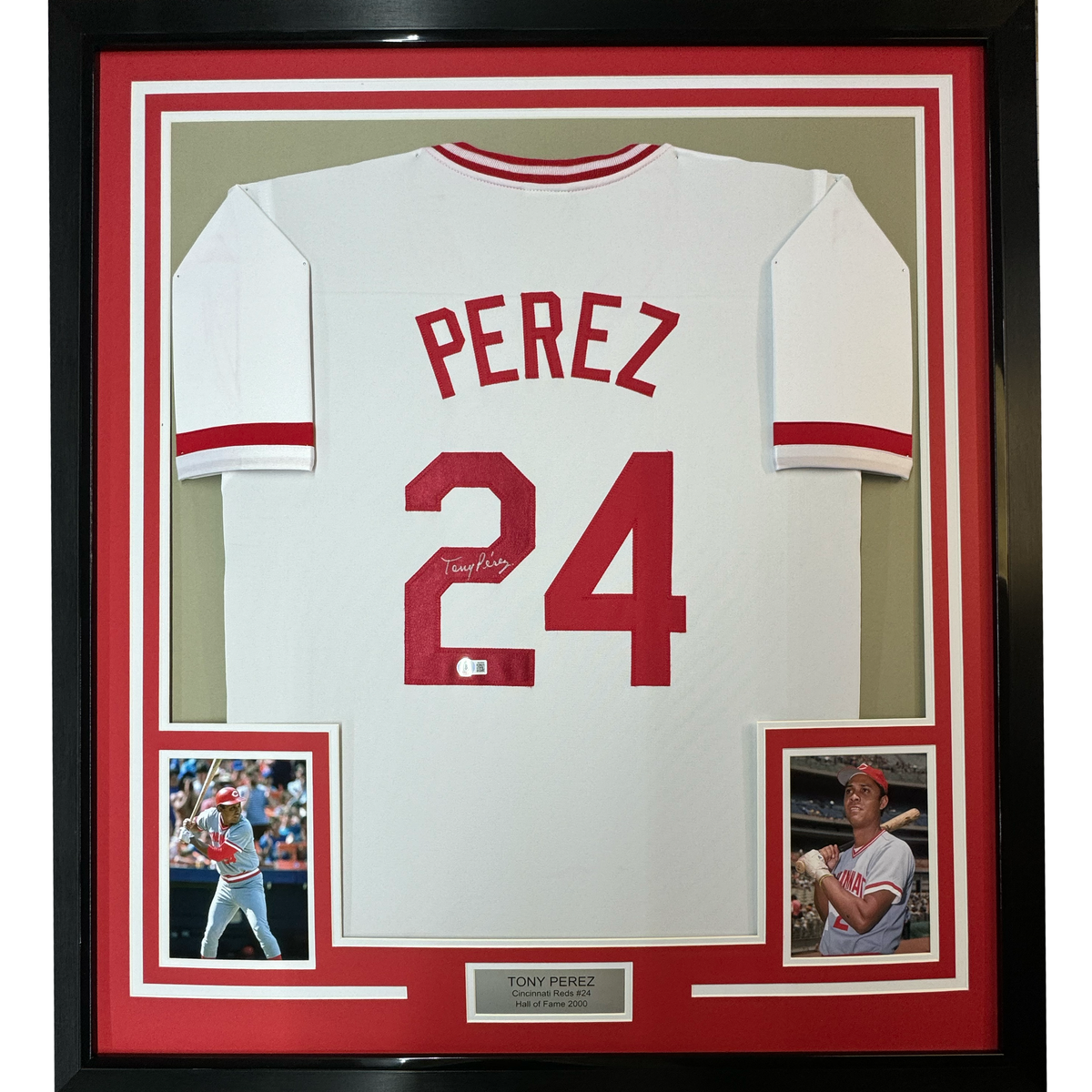Framed Autographed/Signed Tony Perez 35x39 Cincinnati White Baseball Jersey Beckett BAS COA