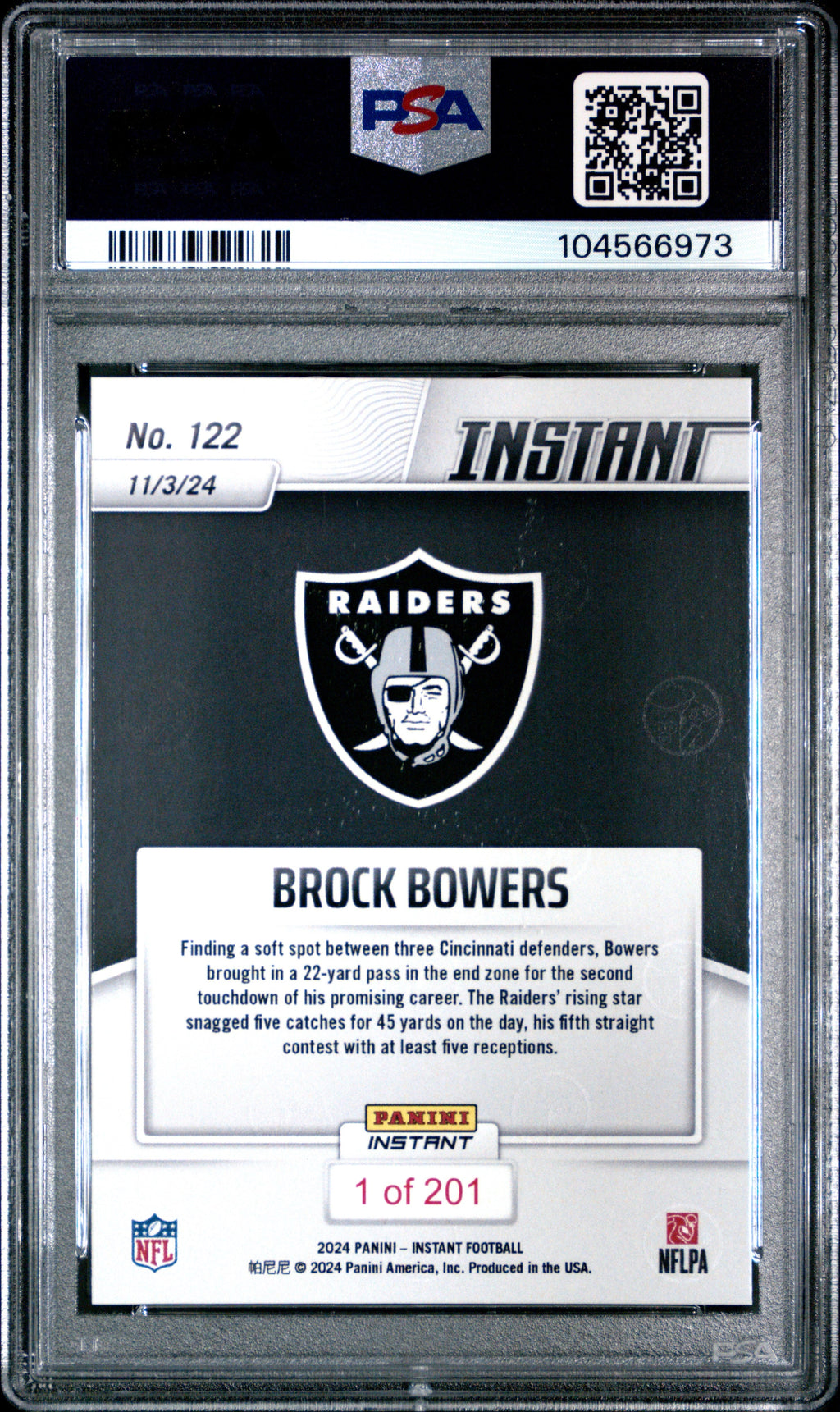 Graded 2024 Panini Instant NFL Brock Bowers #122 Rookie RC Football Card PSA 10 Gem Mint