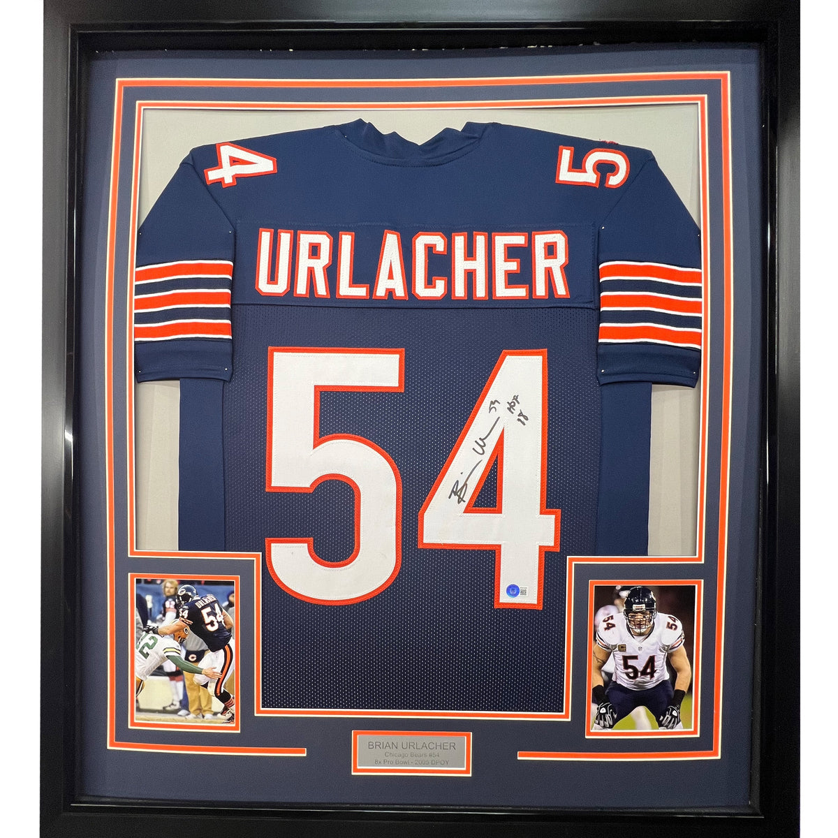 Framed Autographed/Signed Brian Urlacher 35x39 HOF 18 Chicago Blue Football Jersey Beckett BAS COA