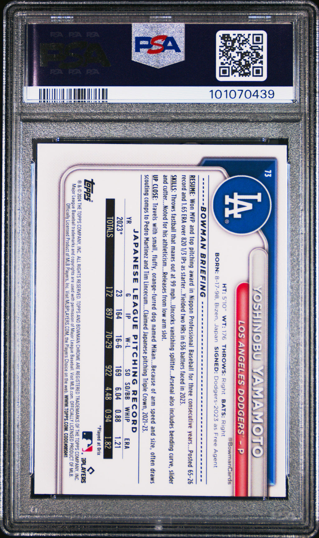 Graded 2024 Topps Bowman Chrome Yoshinobu Yamamoto #73 Rookie RC Baseball Card PSA 10 Gem Mint