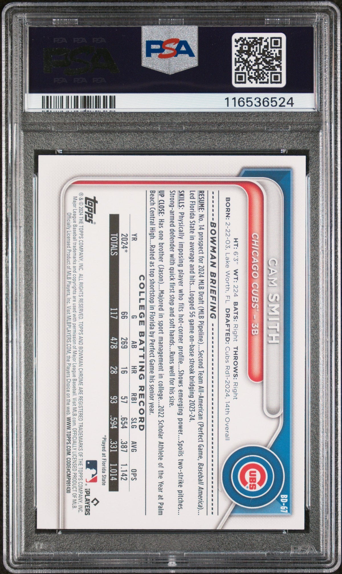 Graded 2024 Topps Bowman Draft Cam Smith #BD67 Rookie RC Baseball Card PSA 9 Mint