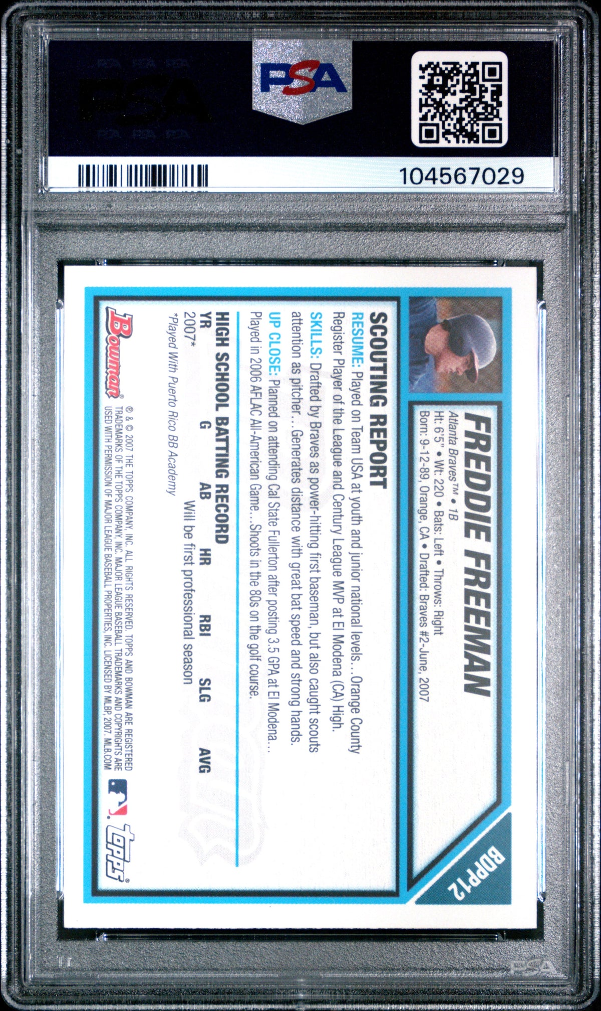 Graded 2007 Bowman Draft Picks & Prospects Freddie Freeman #BDPP12 Rookie RC Baseball Card PSA 9 Mint