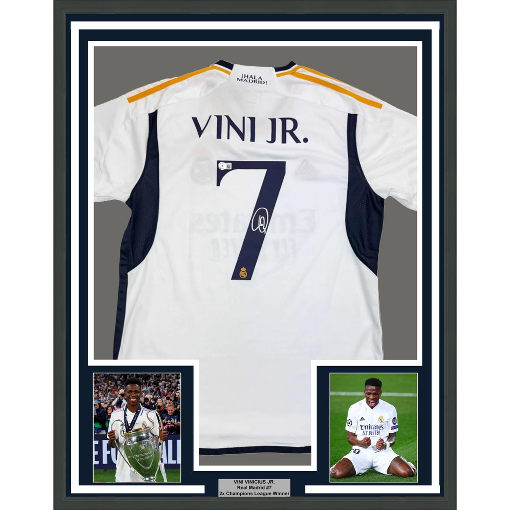 Framed Autographed/Signed Vini Vinicius Jr. 35x39 Real Madrid White Soccer Jersey Beckett BAS COA