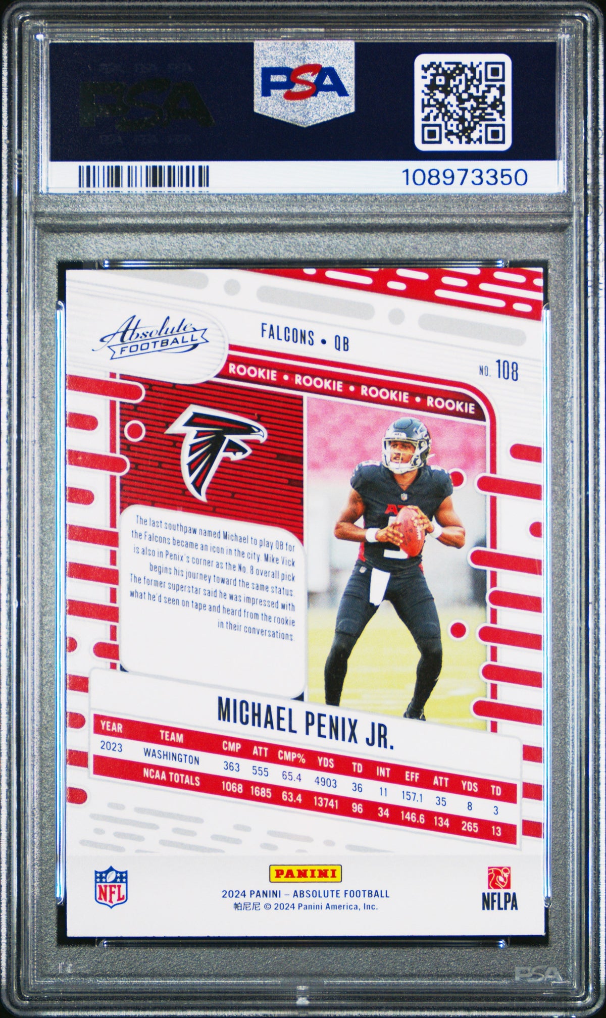 Graded 2024 Panini Absolute Michael Penix Jr #108 Black Rookie RC Football Card PSA 10 Gem Mint