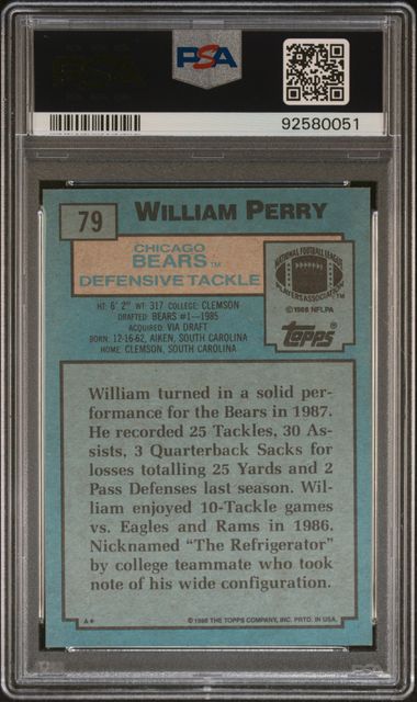 Graded 1988 Topps William "The Refrigerator" Perry #79 Football Card PSA 10 Gem Mint