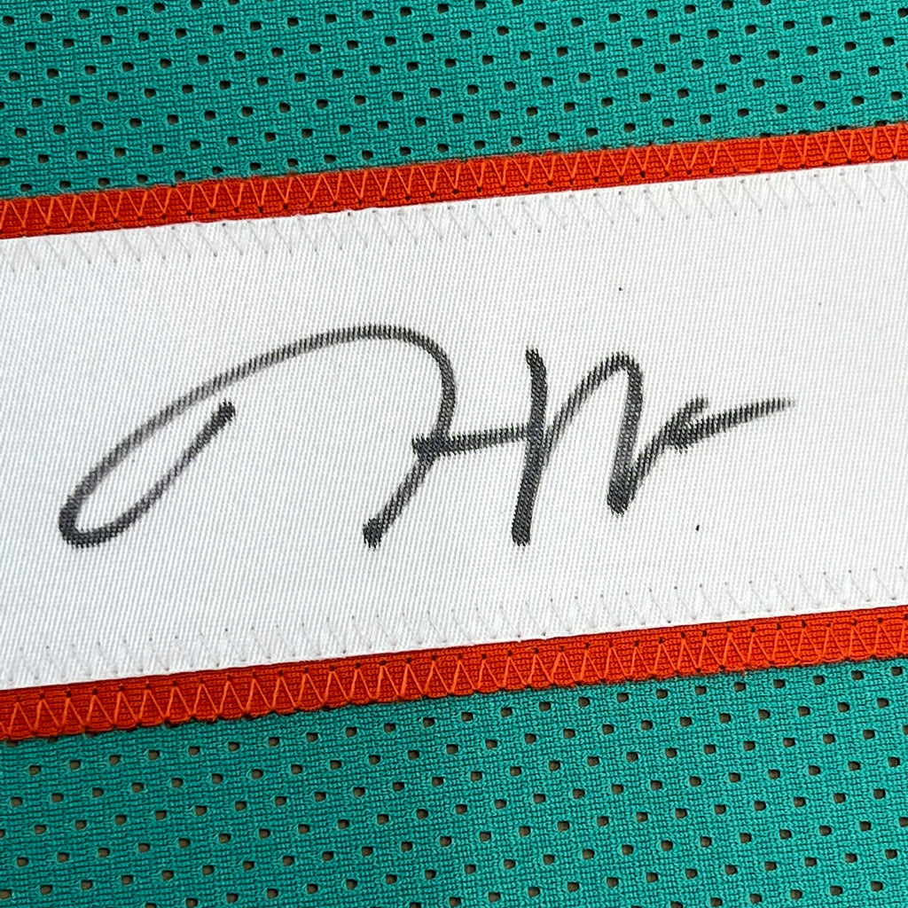 Framed Autographed/Signed Jaylen Waddle 35x39 Miami Teal Football Jersey Beckett BAS COA