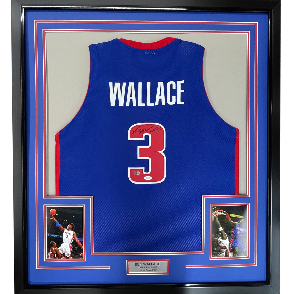 Framed Autographed/Signed Ben Wallace 35x39 Detroit Blue Basketball Jersey JSA COA
