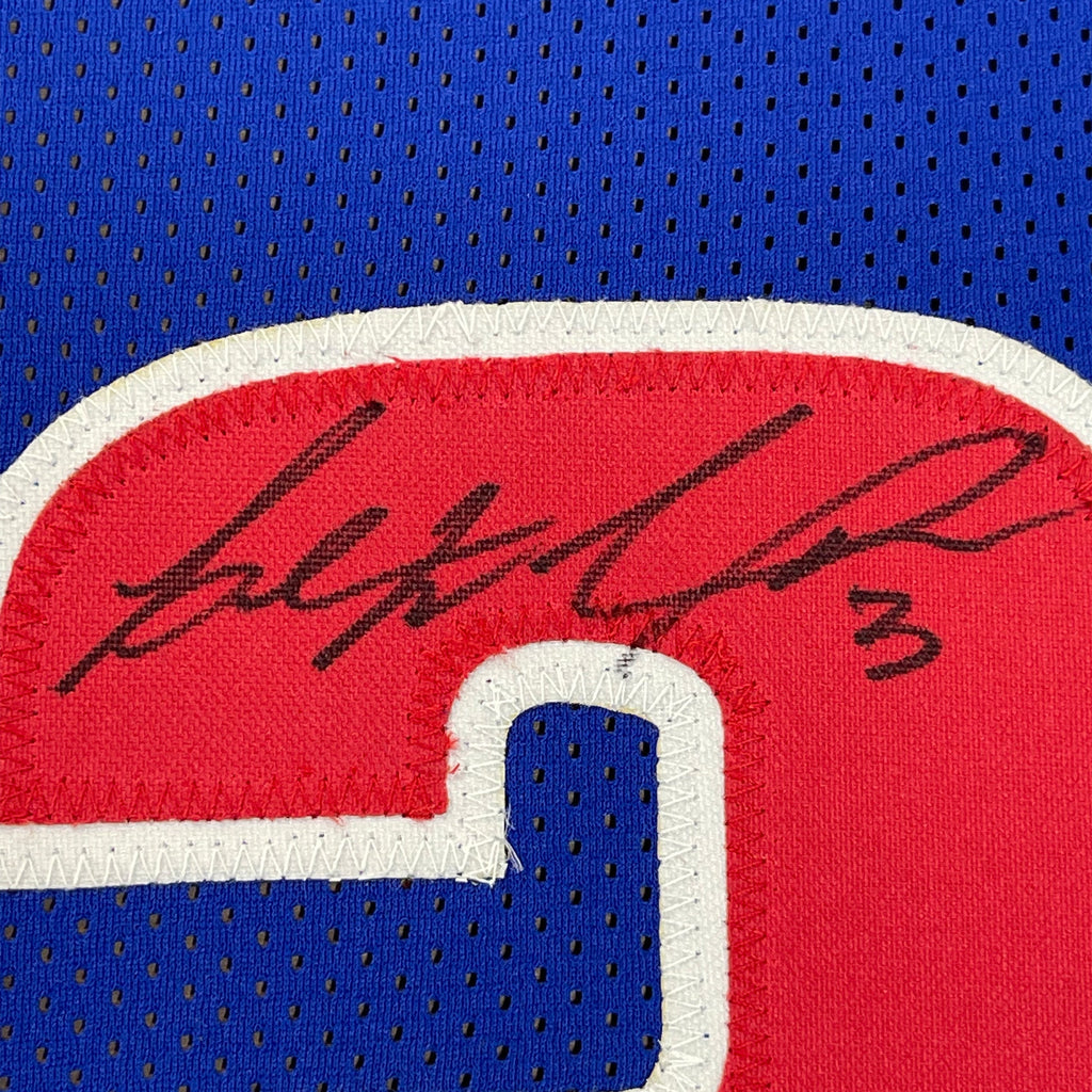 Framed Autographed/Signed Ben Wallace 35x39 Detroit Blue Basketball Jersey JSA COA
