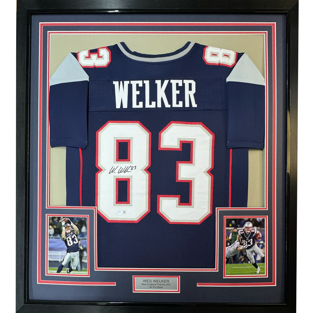 Framed Autographed/Signed Wes Welker 35x39 New England Blue Football Jersey Beckett BAS COA