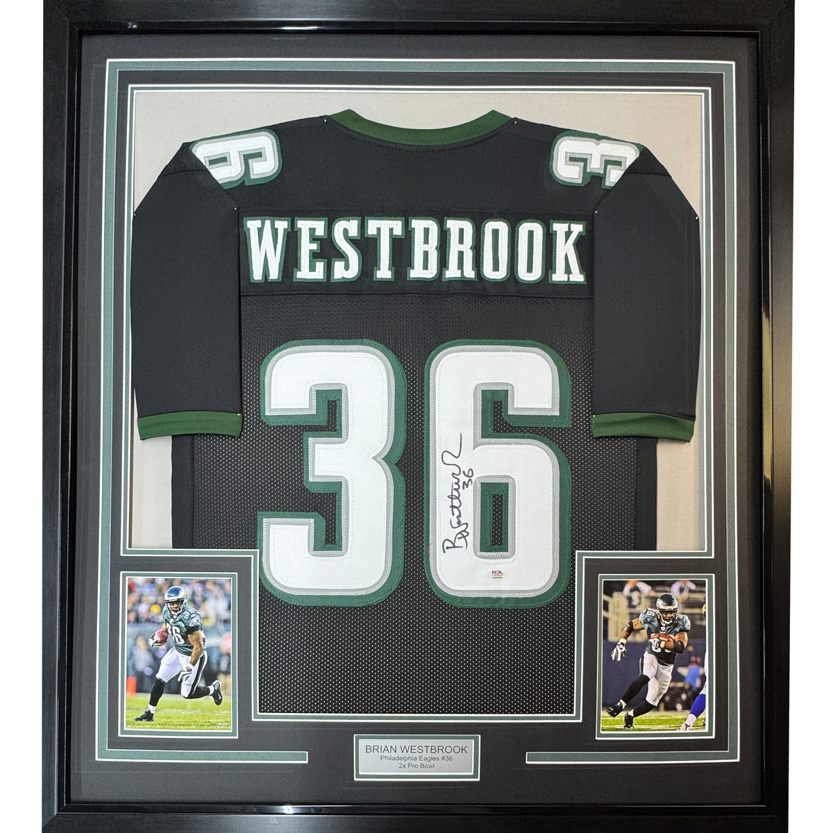 Framed Autographed/Signed Brian Westbrook 35x39 Philadelphia Black Football Jersey PSA/DNA COA