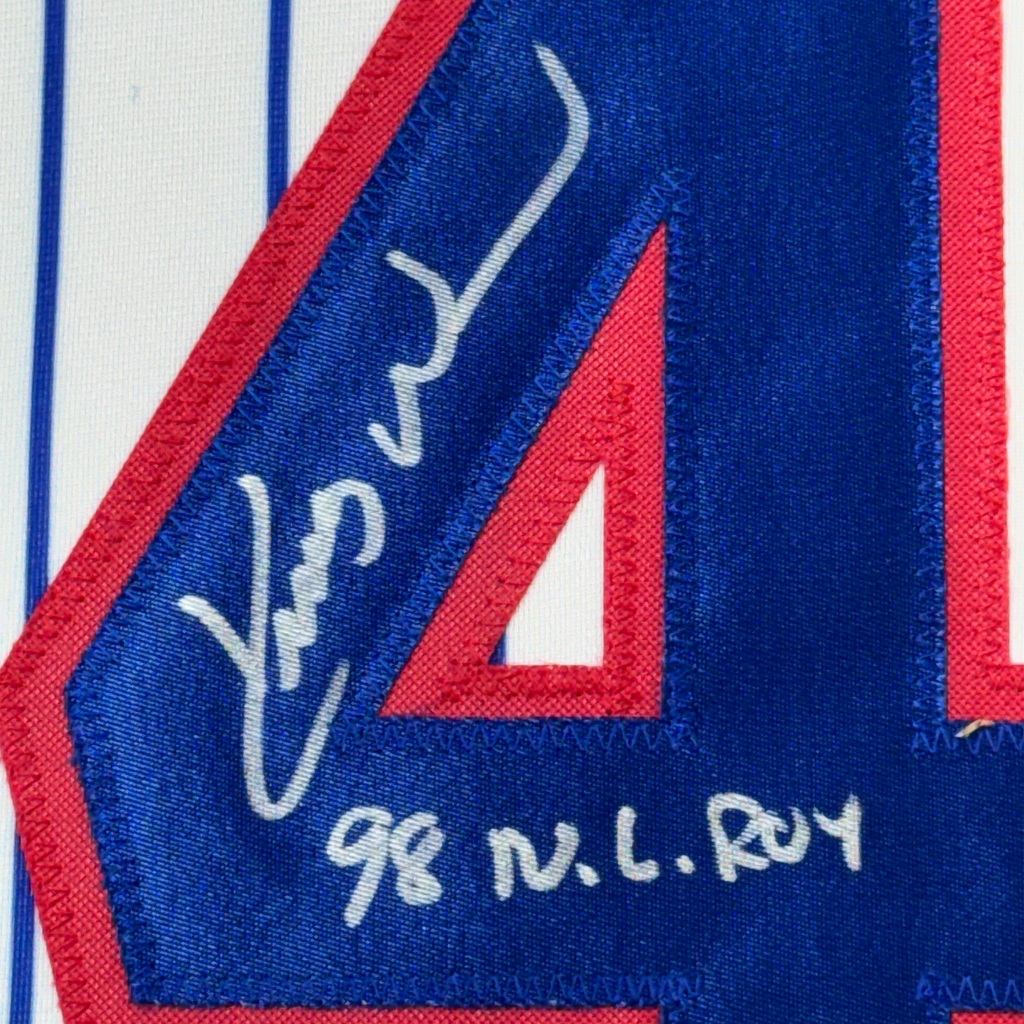 Framed Autographed/Signed Kerry Wood 98 ROY 35x39 Chicago Pinstripe Baseball Jersey Beckett BAS COA