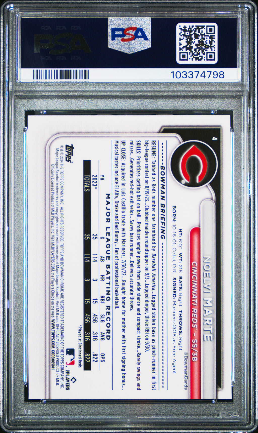 Graded 2024 Topps Bowman Chrome Noelvi Marte #4 Rookie RC Baseball Card PSA 10 Gem Mint